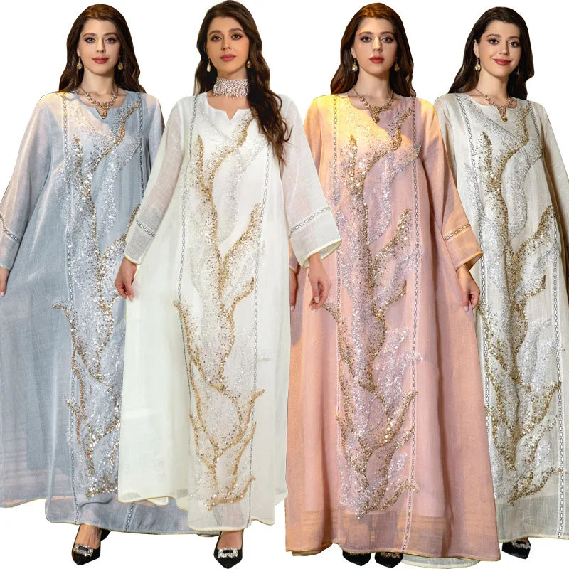 

2026 Spring Summer White Mesh Sequin Embroidery Kaftan Long Dress Maxi Gown Ramadan Eid Outfit Robe