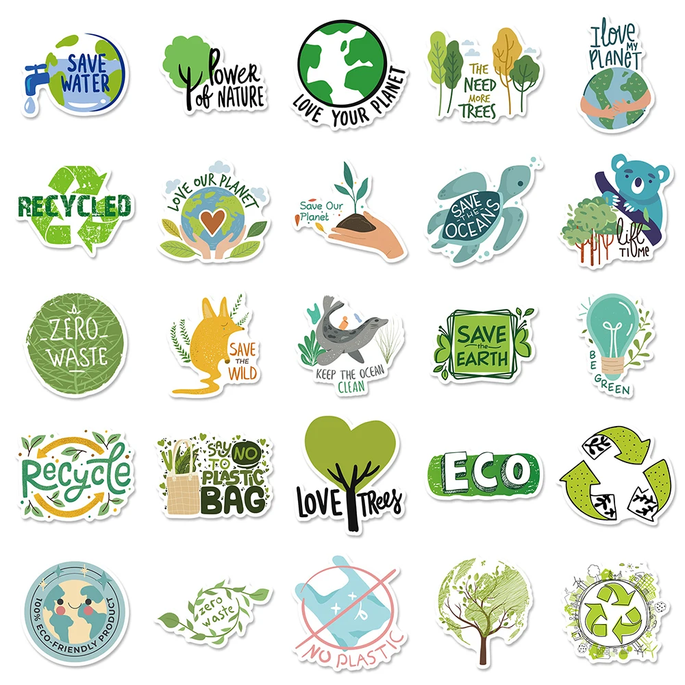 10/30/50pcs Green Ecology Cartoon Stickers Protect the Environment Decals Decoration For Notebook Wall Phone Waterproof Sticker