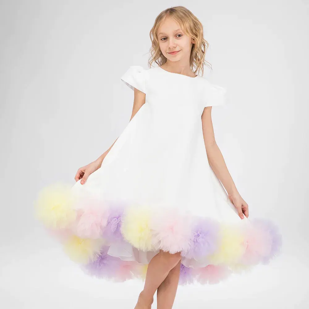 Jill Wish Elegant White Dubai Girl Dress Flowers Kids Children Princess Clothes for Wedding Birthday Holiday Party 2024 J234