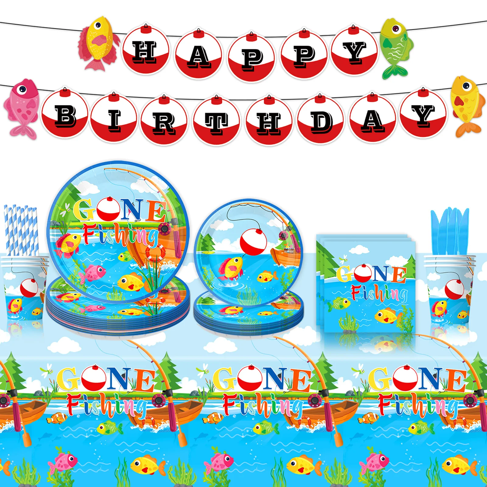 

Blue fishing Theme Happy Birthday Baby Shower Children Tableware Napkin Plate Party Favor Decoration Supplie Birthday Party