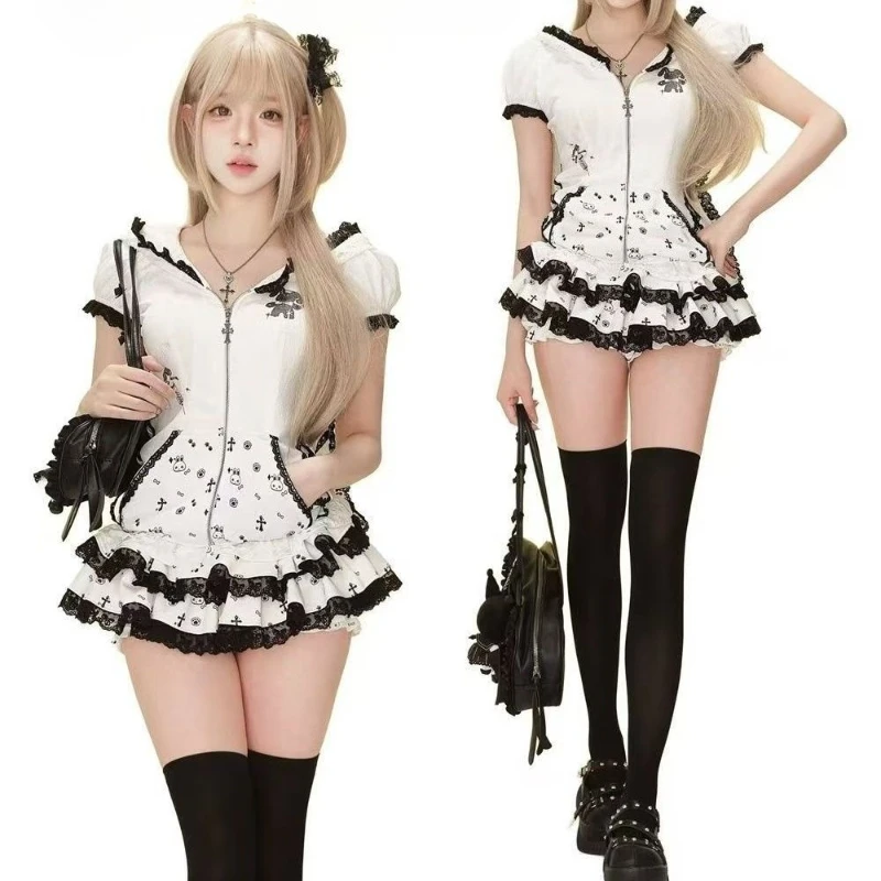 2026 New Women Cute Unique Rabbit Ear Short Sleeve Tee Zip Hooded Cardigan Lace Layered Cake Mini Skirt Two Piece Summer Outfit