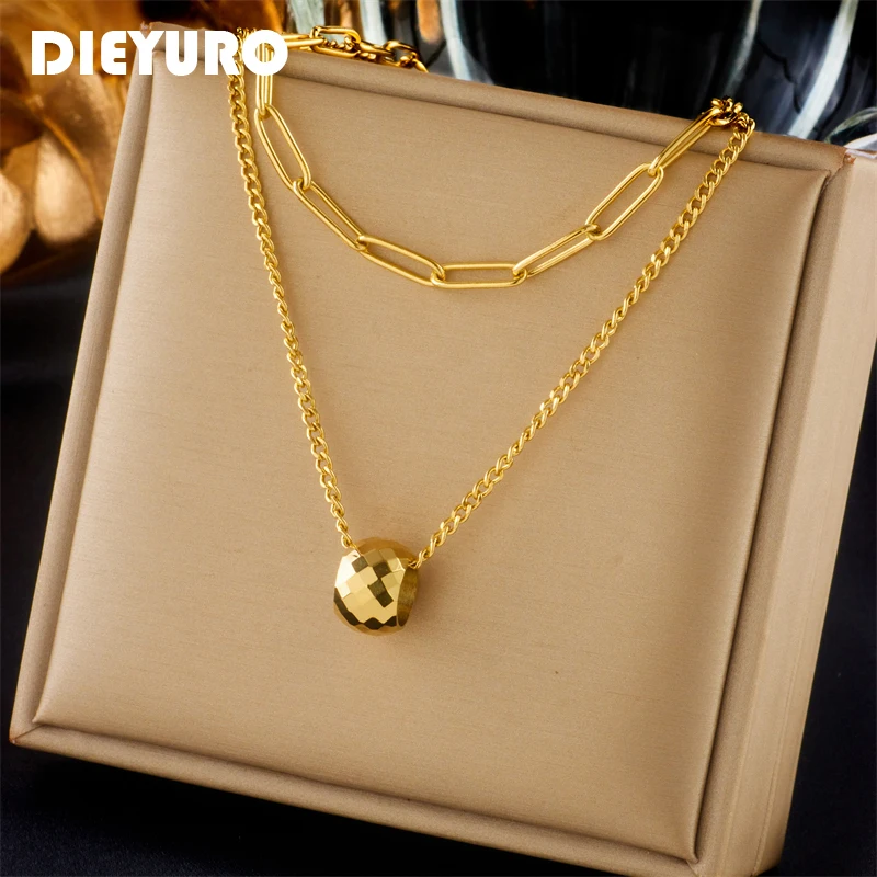 DIEYURO 316L Stainless Steel Double Layer Round Bead Pendant Necklace For Women Girl New Trend Neck Chain Choker Jewelry Gift