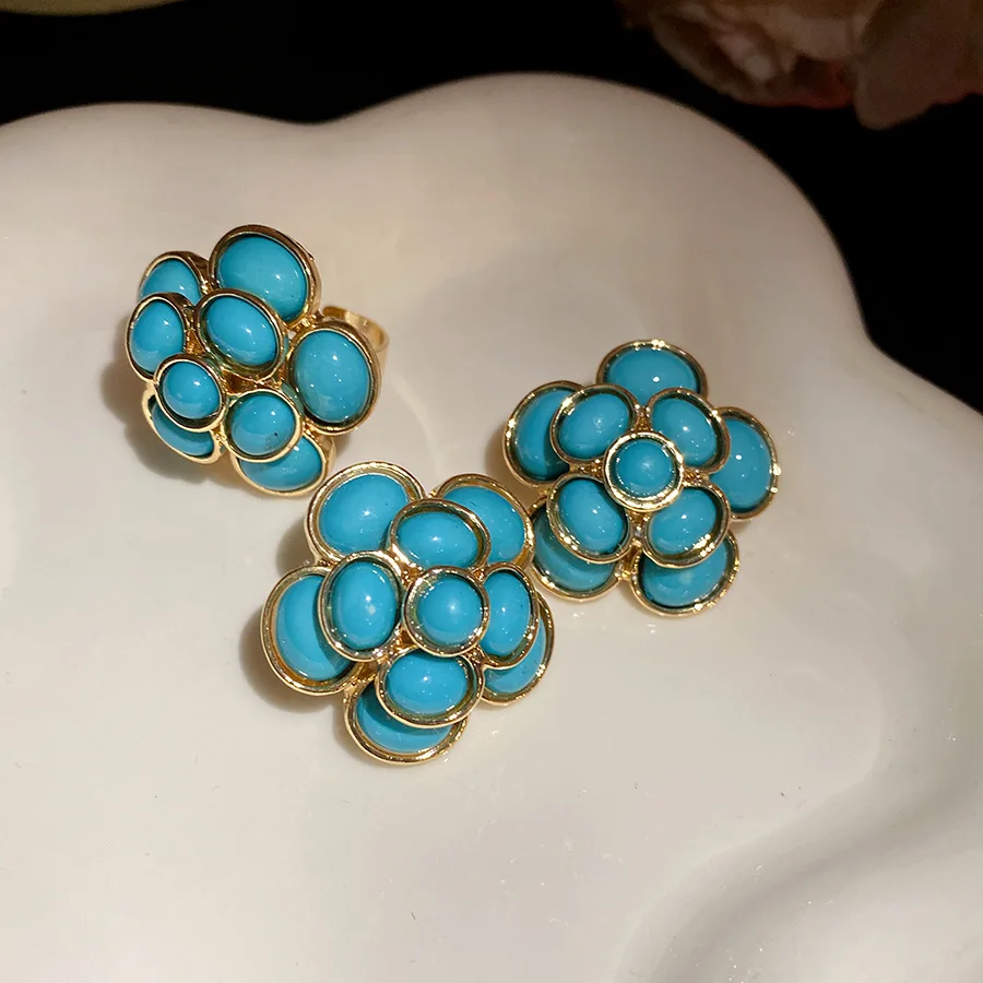 Vintage Blue Resin Cluster Floral Index Finger Rings Women Men Multi-layer Oval Geometric Open Knuckle Ring Luxury Accessory K