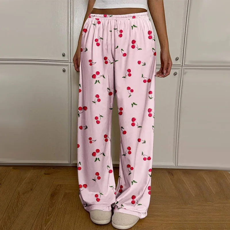 

Женские брюки с высокой талией и широкими штанинами, модные уличные брюки для весны и лета, шикарные брюки с вишневым принтом, свободные прямые брюки для женщин