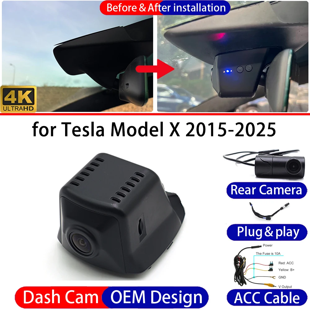 Dash Cam for Tesla Model X 2015-2025 Front＆Rear 4K UHD DVR Dashboard Camera Video Drive Recorder Night Vision 24H Parking Mode