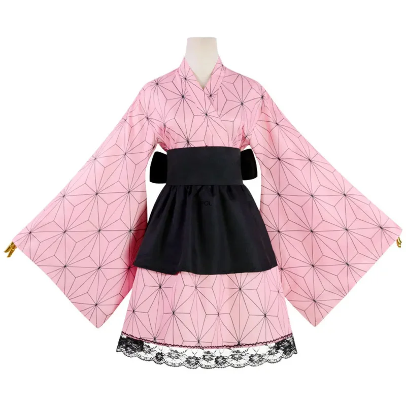 Anime demon slayer quimono vestidos de empregada kamado nezuko cosplay traje japonês quimonos feminino lolita vestido festa de halloween presente