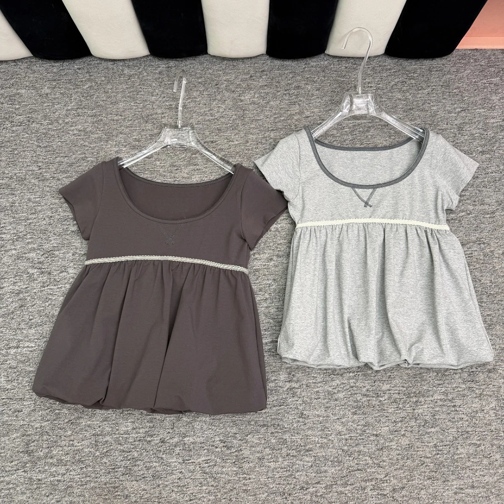 Women's Cotton Ruffle Hem T-Shirt 2026 Spring New Sweet Round Neck Short Sleeve Top Casual Loose Fit Contrast Trim Tee