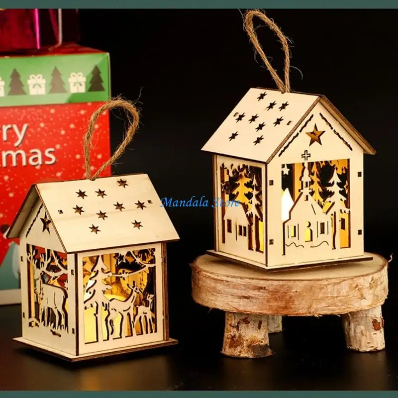 

U2JC Festival Wooden House Decoration With Hand Carved Detail Warm Light Cottage Pendant Accessory For Christmas Party