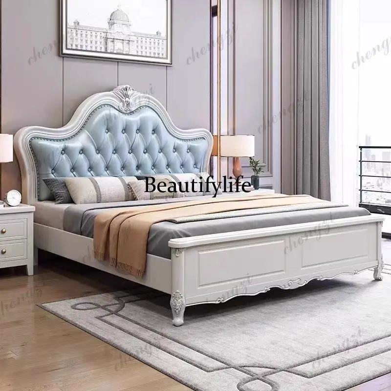 White Blue European Double Bed Elegant Normal Storage Wood European Double Bed Japanese Modern Cama Matrimonial Furniture