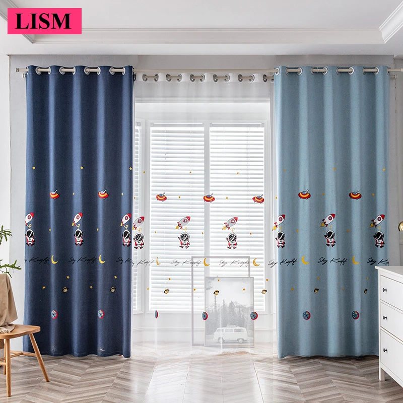 

Children's Room Curtains Bedroom Astronaut Pilot Embroidered Curtain Cartoon Bay Window Blackout Blue Cloth Custom Cartoon Tulle