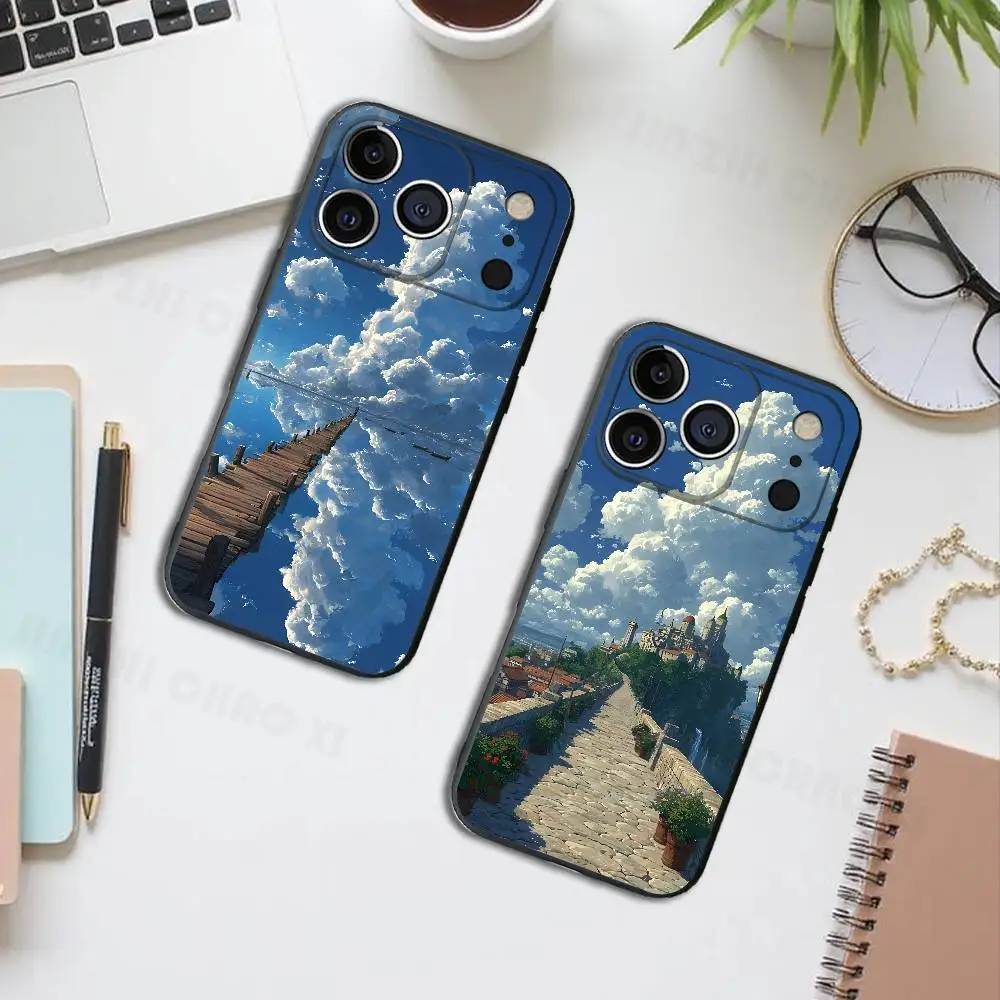 

Landscape Black Phone Case For IPhone 17 16 15 14 13 12 13 12 11 Pro Max Plus XS XR Silicone Soft Back Cover