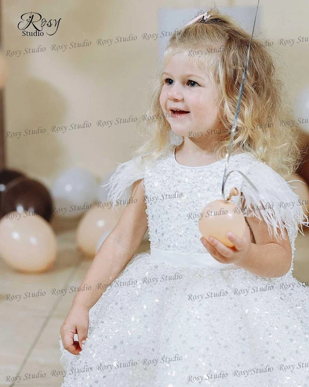 Lujoso vestido blanco de flores para niña, vestido de fiesta con cuello redondo y cuentas, para graduación, boda