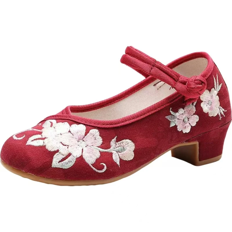 

Women's New Block Heel Embroidered Shoes Soft Sole Non Slip Round Toe Mary Jane Shoes Ethnic Style High Heel Cheongsam Shoes