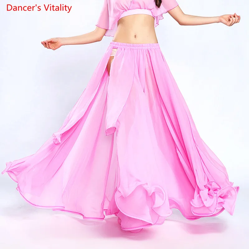 Women Belly Dance Skirt Solid Color Oriental Dance Suit High cut India Bollywood Unilateral Split Belly Dance Long Skirt