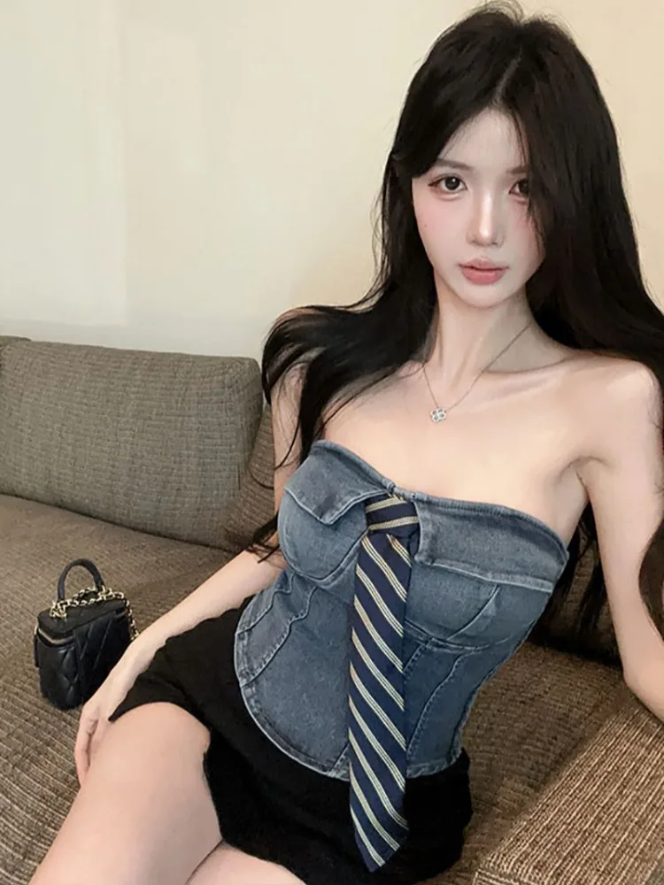 

Slim Fit Short Denim Camisole Top Women Summer New Design Spicy Girl Turn-down Collar Striped Tie Vest Cotton Polyester Blend