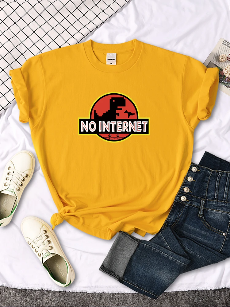 Women's T Shirts No Internet Letters Dinosaur Monster Printing Tees Woman Oversized Tops Round Neck Casual Female Slim T-Shirt