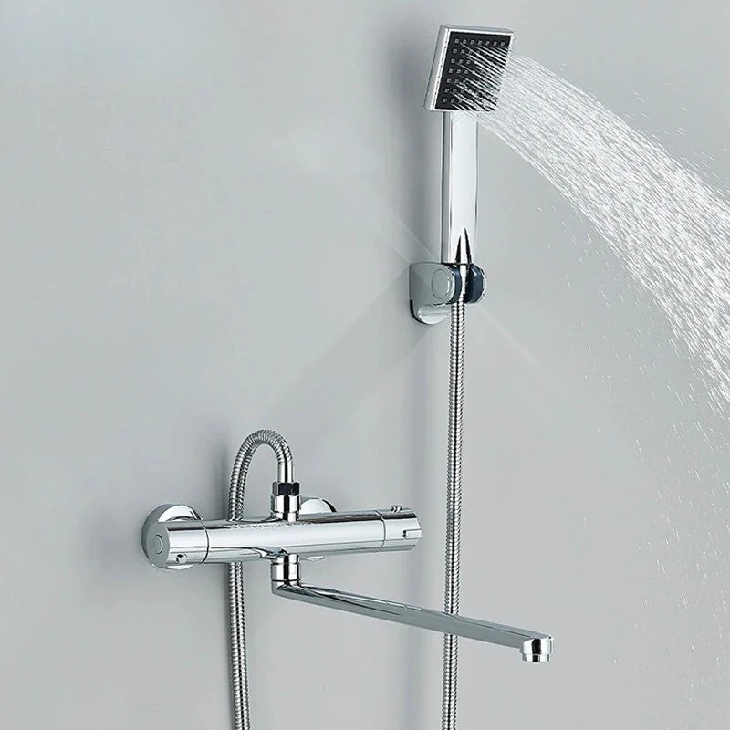 

Thermostatic Shower Faucet Mixing Valve Bathroom Long Rotate Spout Thermostat Shower Set Wall Mount Bathtub Taps Brass Crane