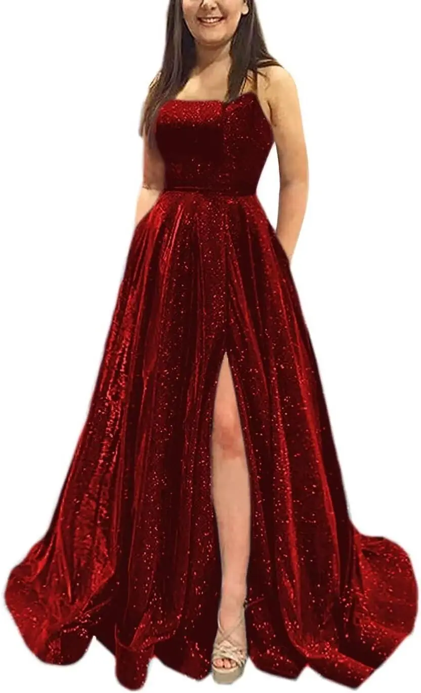 

Glitter Satin Prom Dresses for Women 2026 Spaghetti Straps A-Line Slit Evening Formal Ball Gowns with Pockets Dress Party