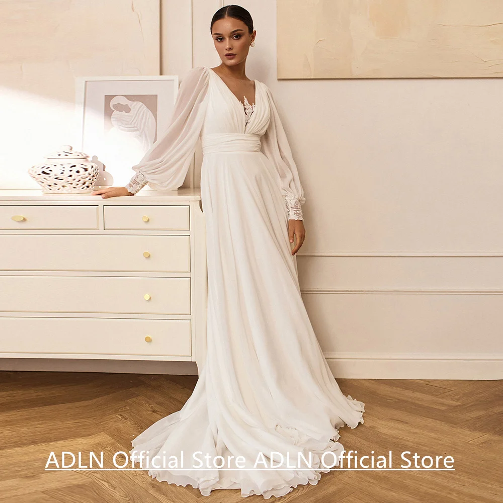 

Puff Sleeves V Neck Wedding Dress Robe De Mariee Customized Pleat Waist Applique Chiffon Summer Bridal Gown Bride Dresses