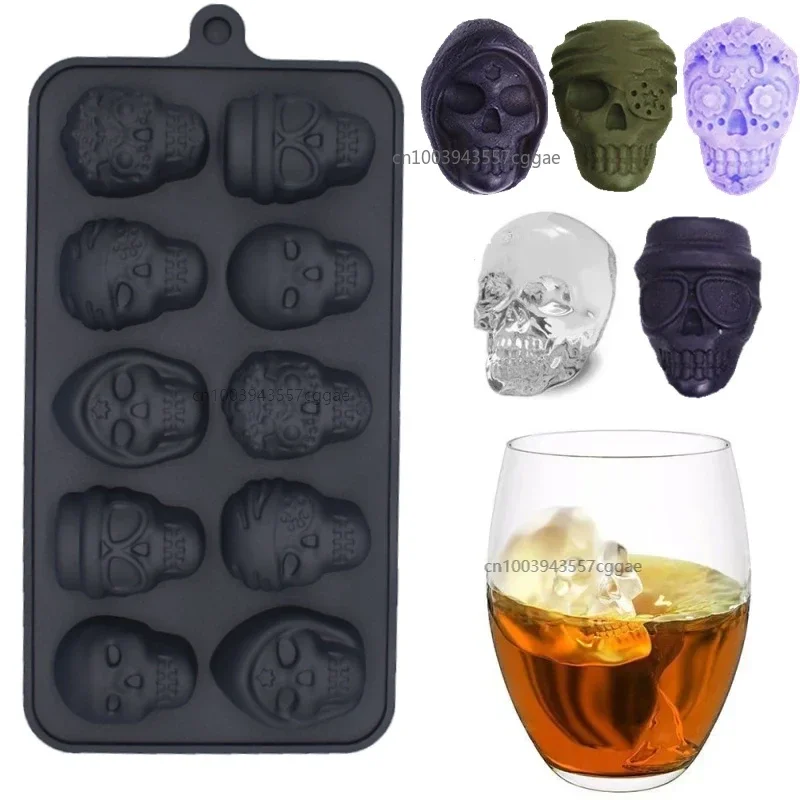 Halloween 10 Cells 3D Skull Ice Cube Mold Silicone Ice Cube Tray Ice Cube Maker DIY Whiskey Ice Ball Mold Chocolate Pastry Mould