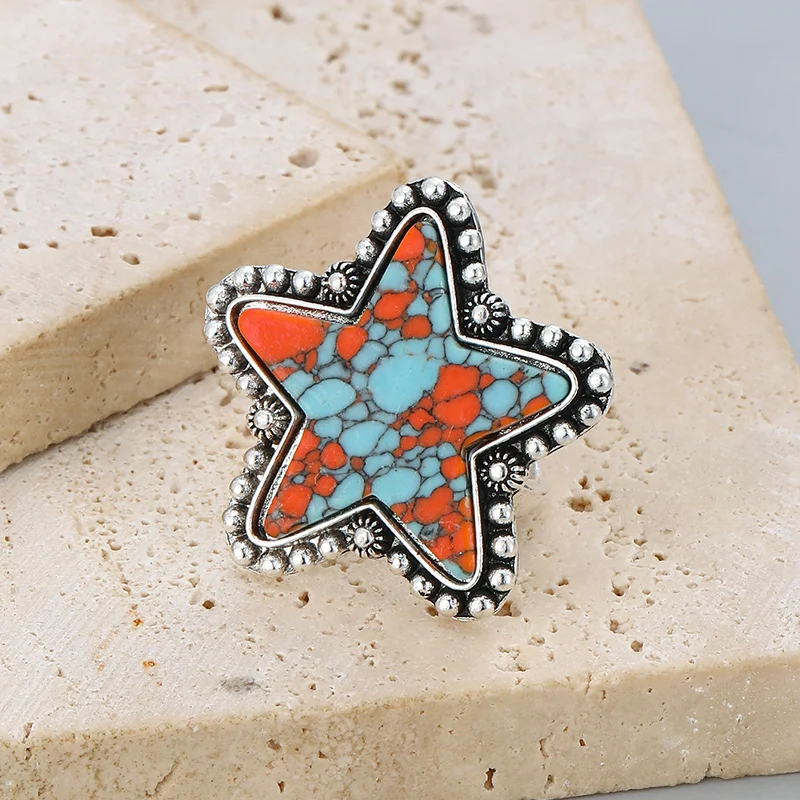Boho Star Imitation Turquoise Ring for Women Vintage Multicolor Composite Stone Statement Ring Ethnic Finger Jewelry Gift