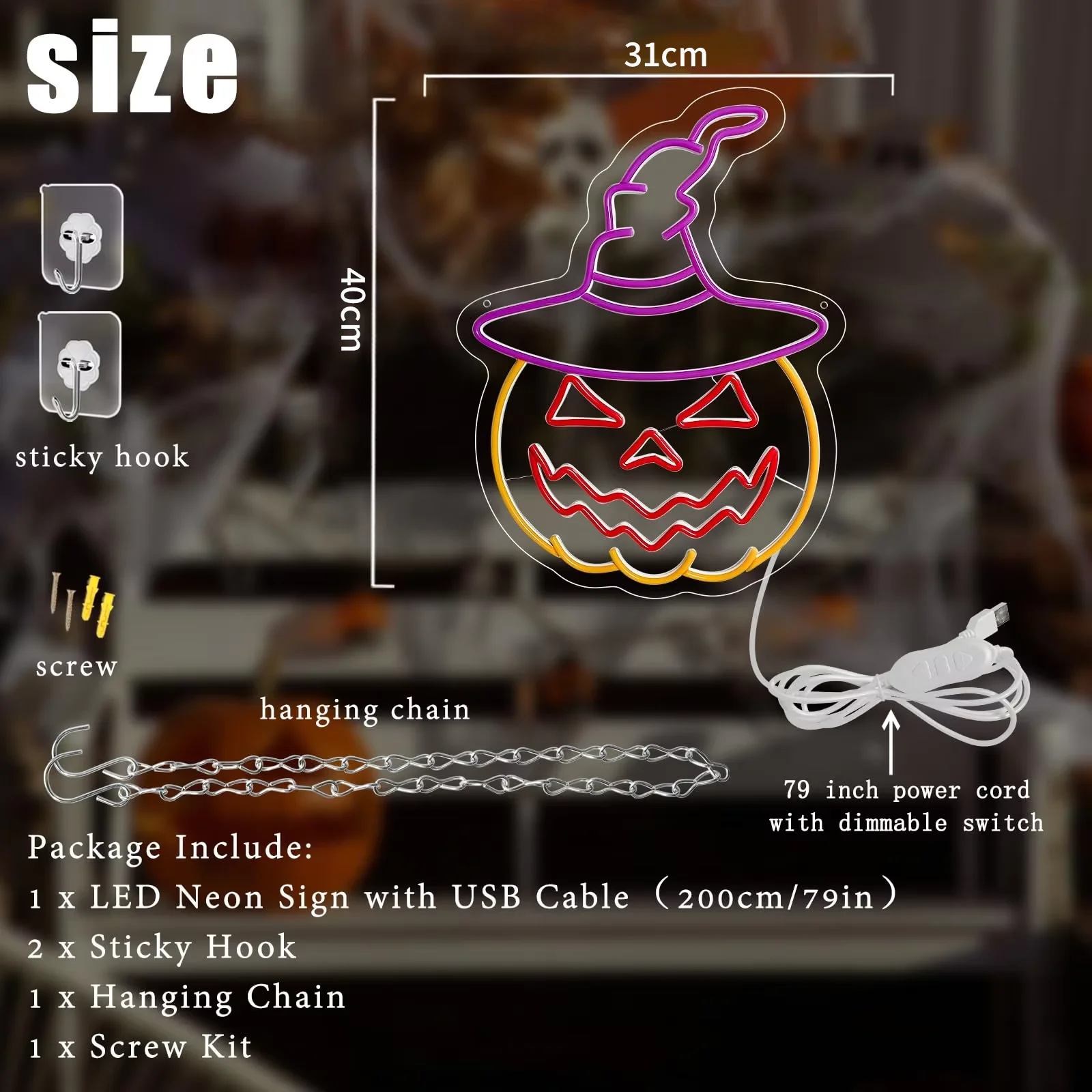Insegna al neon di Halloween Cappello da strega Zucca Alimentazione USB con interruttore dimmerabile Zucca per portico Bar Finestra Camera da letto Sfondo festa