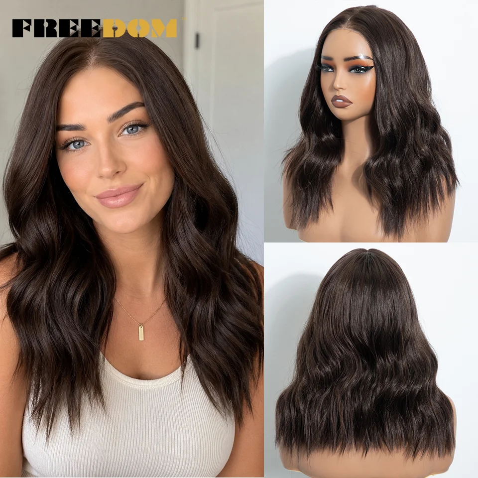 FREEDOM 13x3 Synthetische Lace-Front-Perücken für Damen, 16 Zoll, vorgefertigte Ombre-Braun-Perücken, vorgezupfte Lace-Perücken, sofort tragbare, natürlich gewellte Perücke – Detail 2