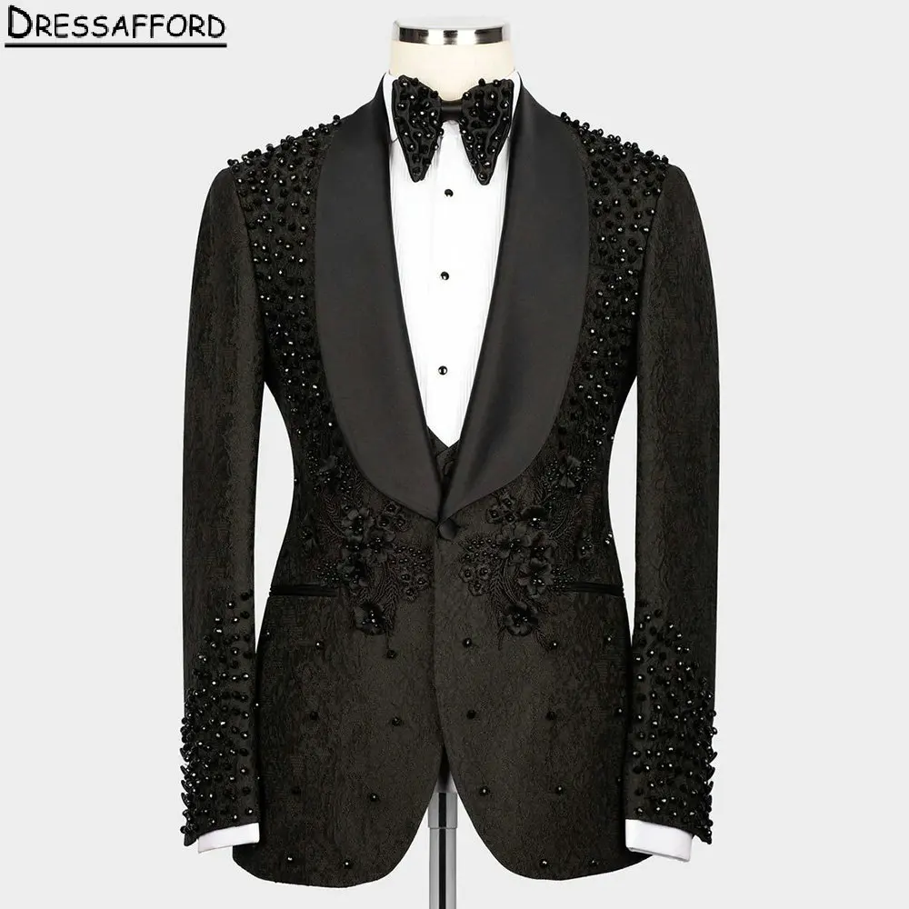 

Black Jacquard Men Suits For Wedding Pearls Beading Appliques Groom Tuxedos 2 Pieces Jacket Pants Prom Blazers Customized