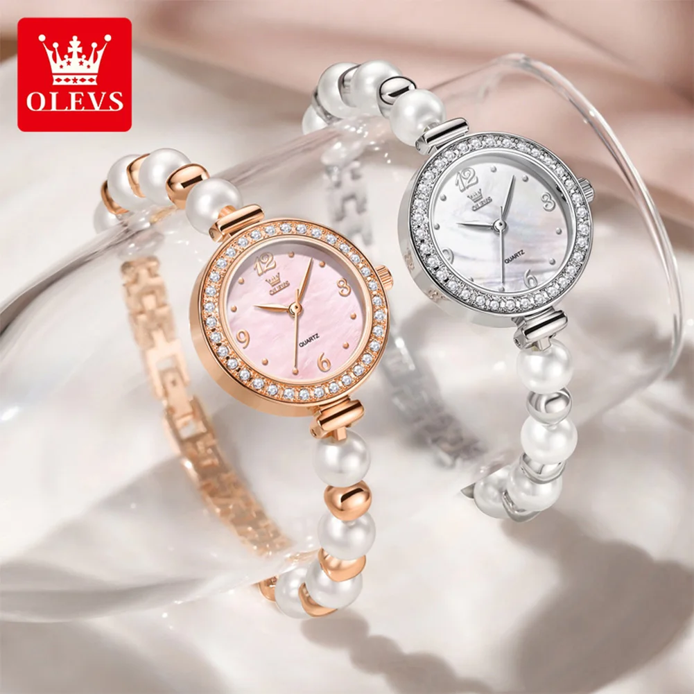 OLEVS Woman Watch Fashion Elegant Pearl Bracelet Wristwatch for Women Luxury Diamond Bezel Waterproof Ladies Quartz Watches 5640