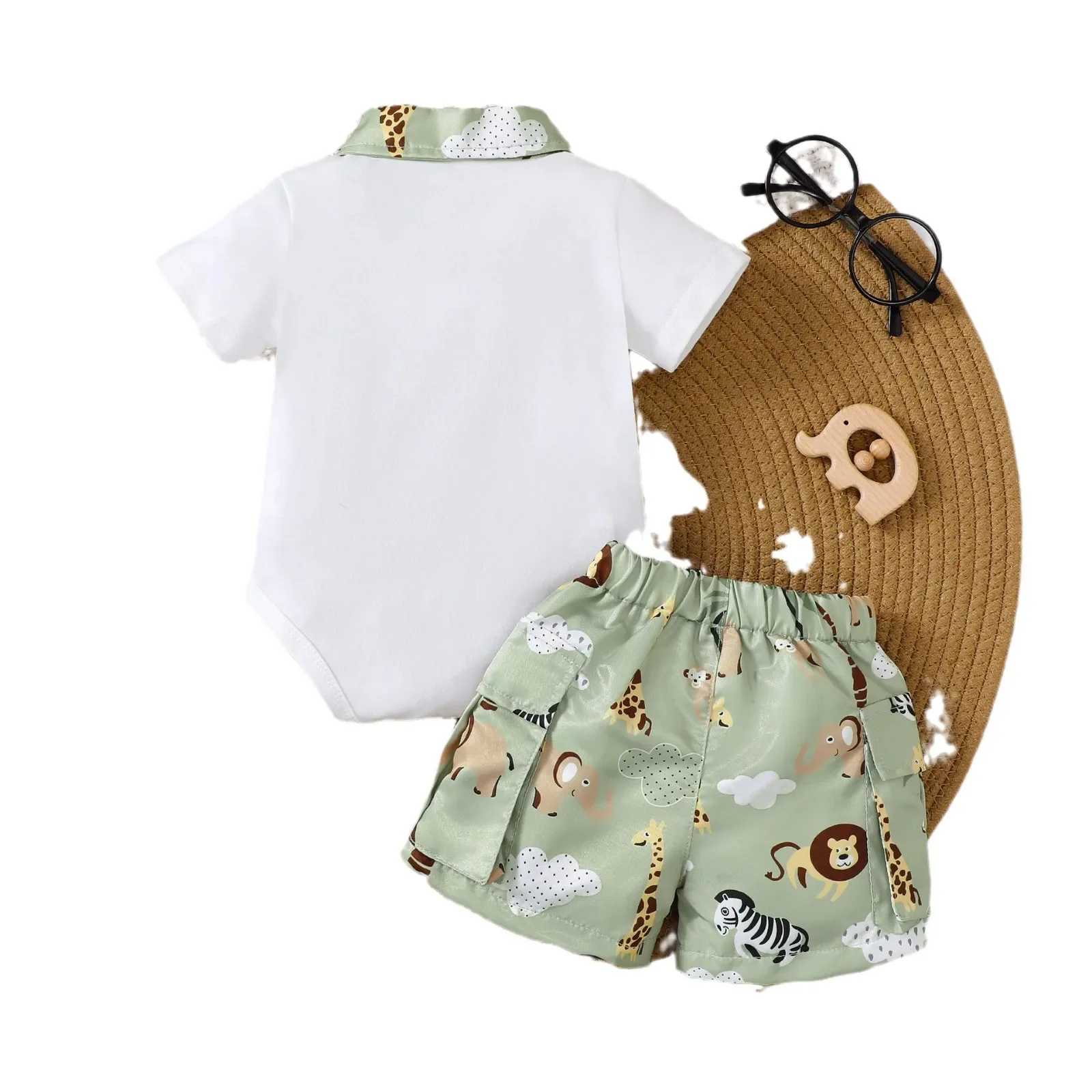 Boys Summer Fashion Cotton Short-sleeved T-shirt Haori Plus Printed Work Shorts Two-piece Set