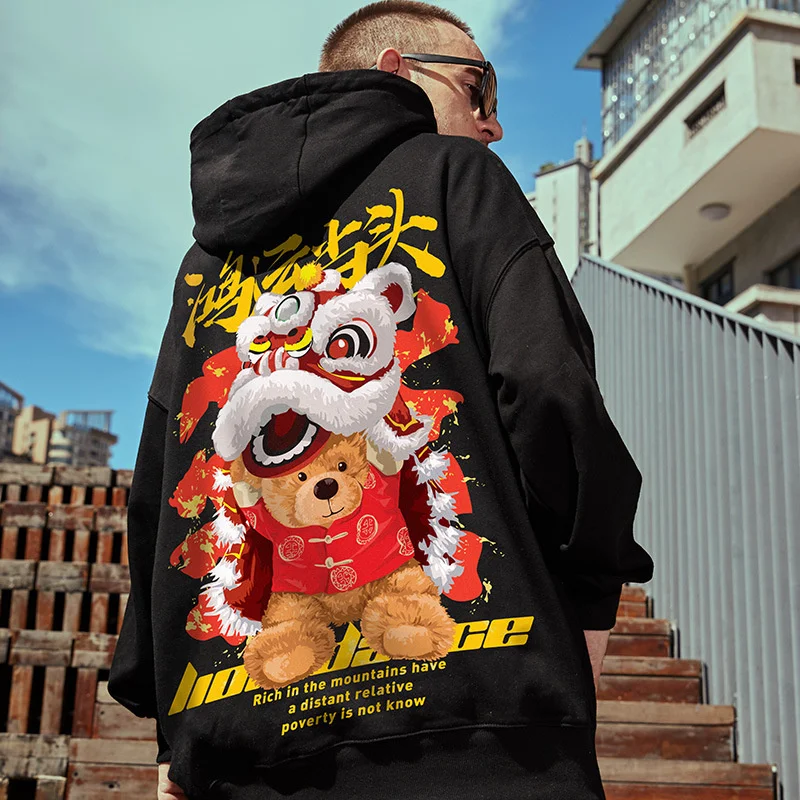 

2023 Autumn Y2K Hooded Sweatshirt For Men Lion Dance Bear Hoodies Hip Hop Warm Fleece Graphic Hoodie Casual Streetwear Pullovers