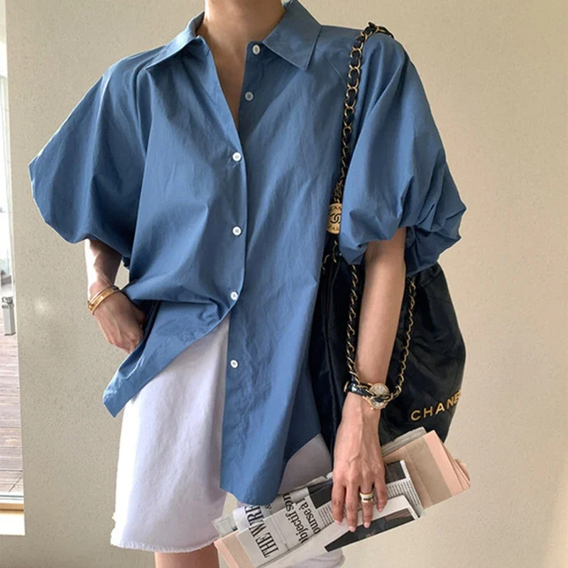 

GELITAYIN Fashion Blue Short Sleeve Loose Casual Shirt Women Summer Puff Seeve Blouse Women Tops Slim Elegant Vintage Lady Shirt
