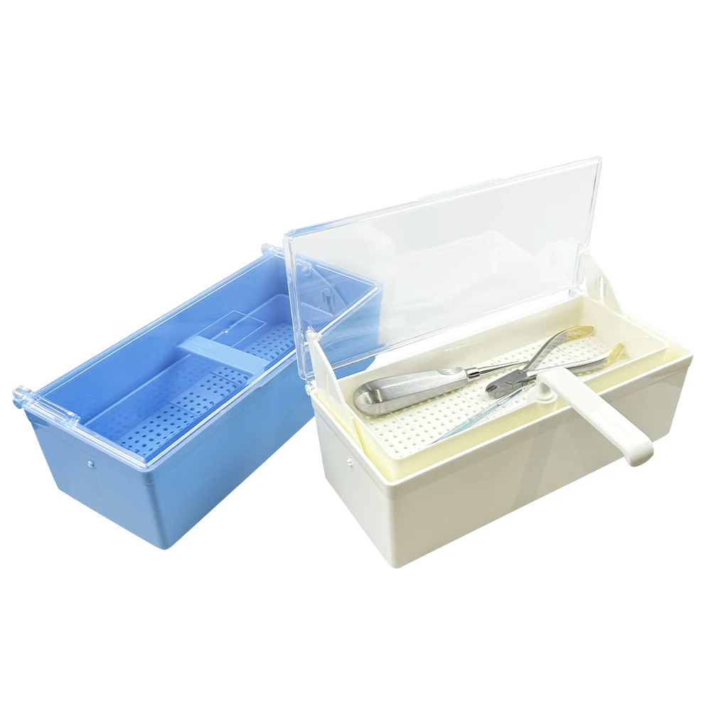 1pc Lift Basket Dental Sterilization Box Plastic Soaking Tray with Lid Instrument Disinfection Storage Organizer Lab Tool Case