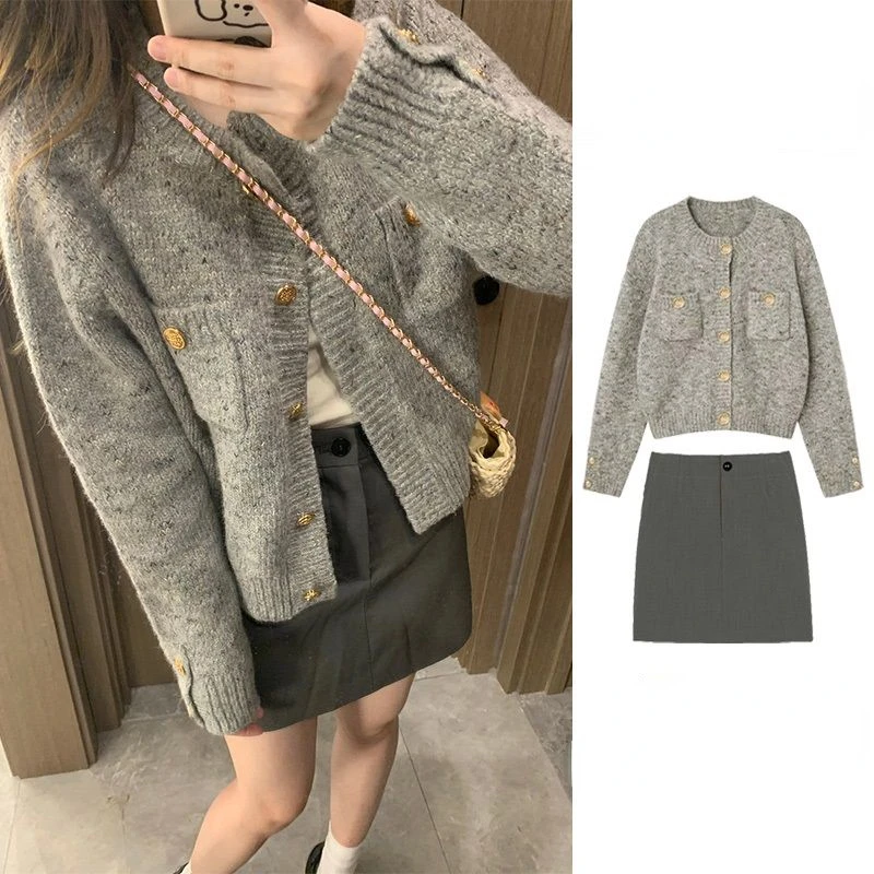 Autumn and Winter Lazy Retro Hong Kong Flavor Senior Sense of Knitted Cardigan Sweater Half-body Skirt Two-piece Suit Female