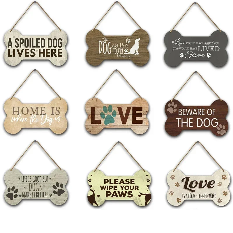 Wooden Plate Dog Sign Bone Shape Hanging Wood Board Painting Home Shop Door Decor Outside Warning Text Board Wall Plaques Gift