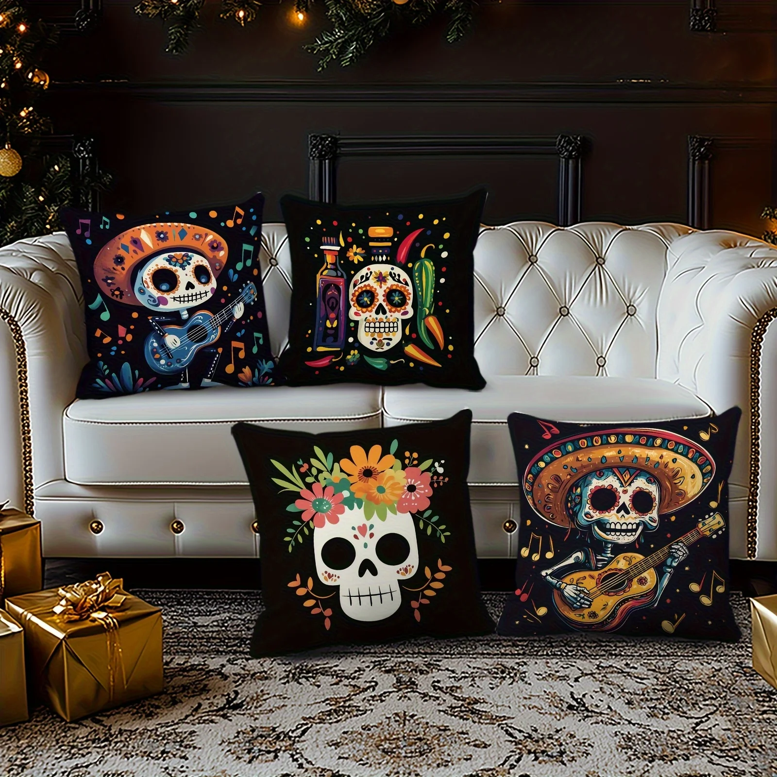 4 Piece Boho Dia de Muertos Skull Print Throw Pillow Covers Set Mexican Calavera Sugar Skull Polyester Cushion Accent Decor