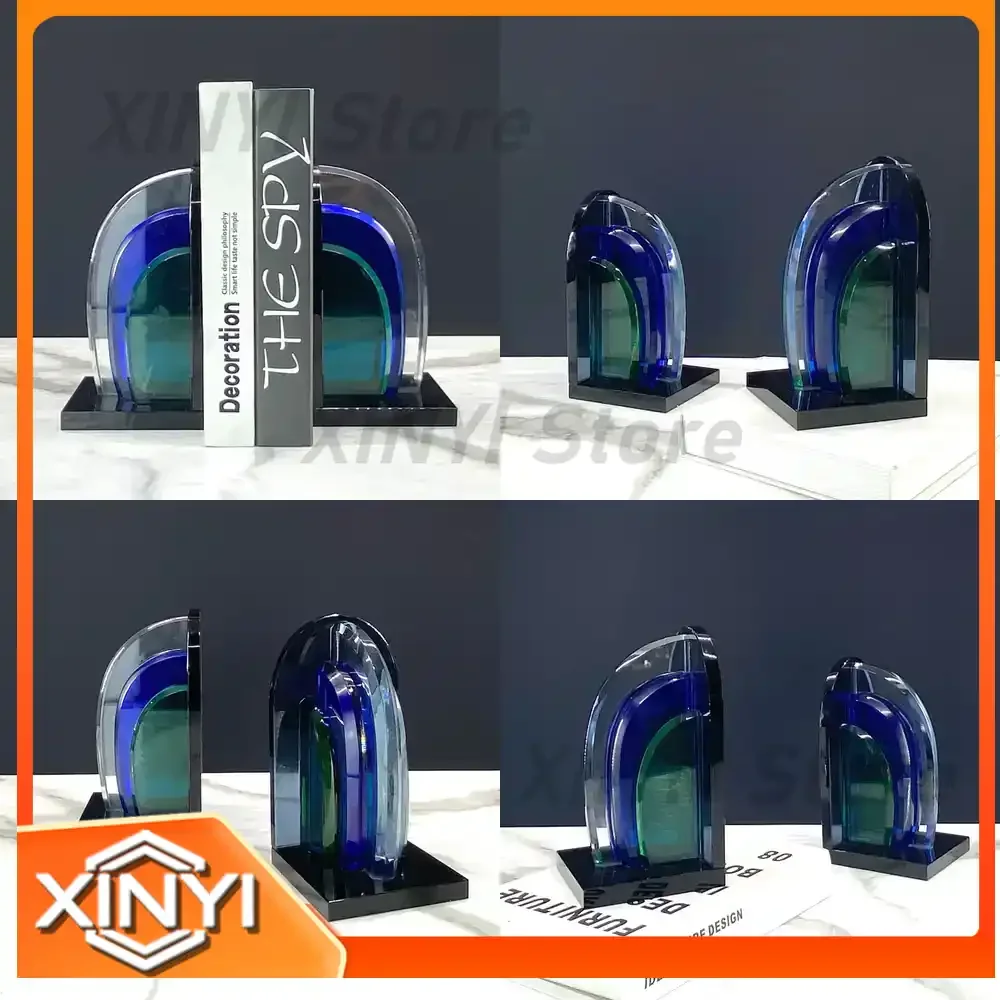 Modern Minimalist Blue Crystal Geometric Bookend Decorative Book Support for Display in Model Homes and Sales Offices
