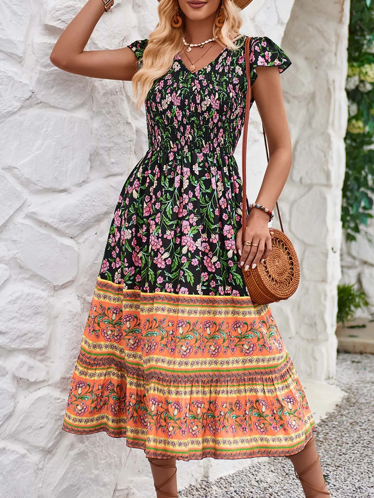 Vintage Long Dresses Women Boho Floral Print Dress Female Summer Short Sleeve Dress Ladies Casual Loose Pleated Beach Vestidos