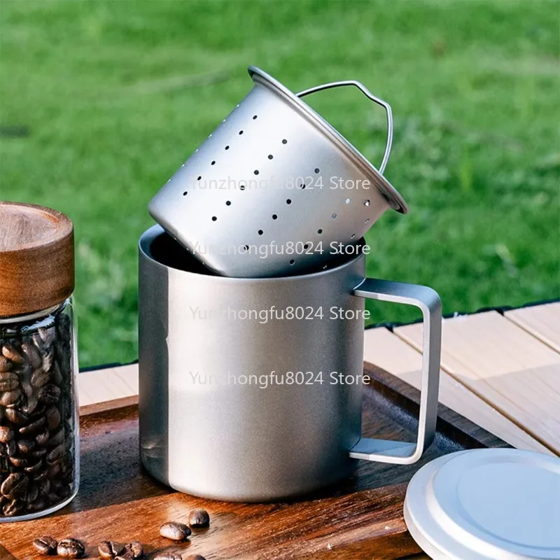 Portable Double-layer Anti-scalding Titanium Cup Travel Tea Set with Filter, Suitable for Outdoor Camping