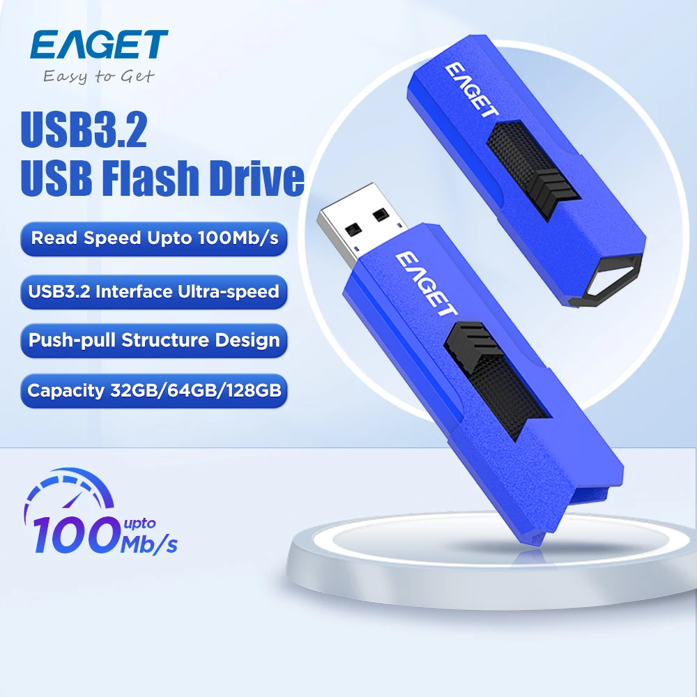 EAGET USB 3.2 Flash Drive Push‑Pull Sliding‑cover Design Pendrive 100MBs 32GB 64GB 128GB 256GB Portable Memory Stick