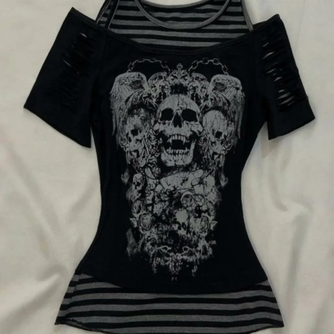 

New women's retro punk gothic T-shirt summer street American striped skull print Y2K slim fit short sleeved women's top