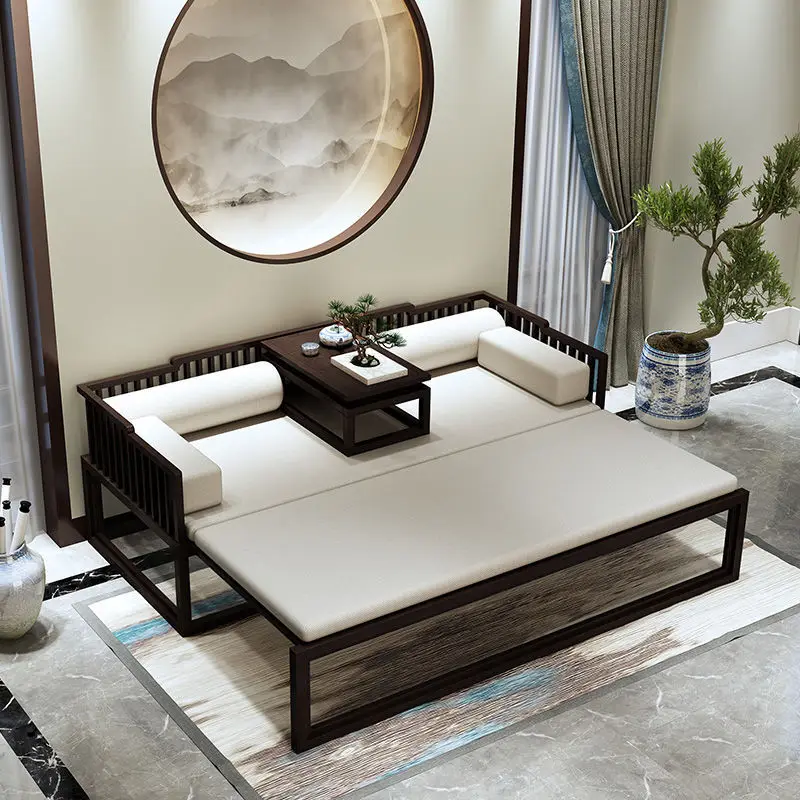 Sliding bed, solid wood elm small apartment furniture combination sofa bed, retractable bed