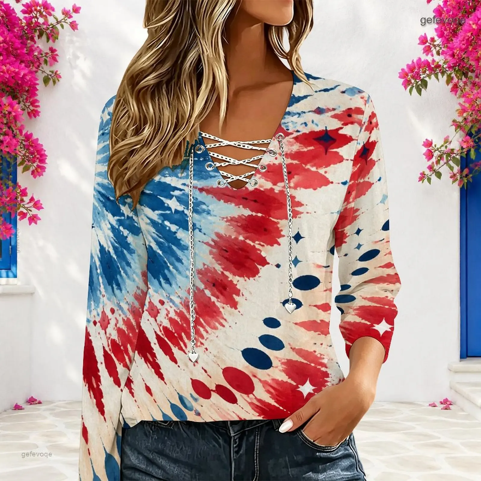 Women Navy Blue Starry Glitter Spot Printed V Neck Long Sleeve Top with Chain Lace Up Detail - view 5