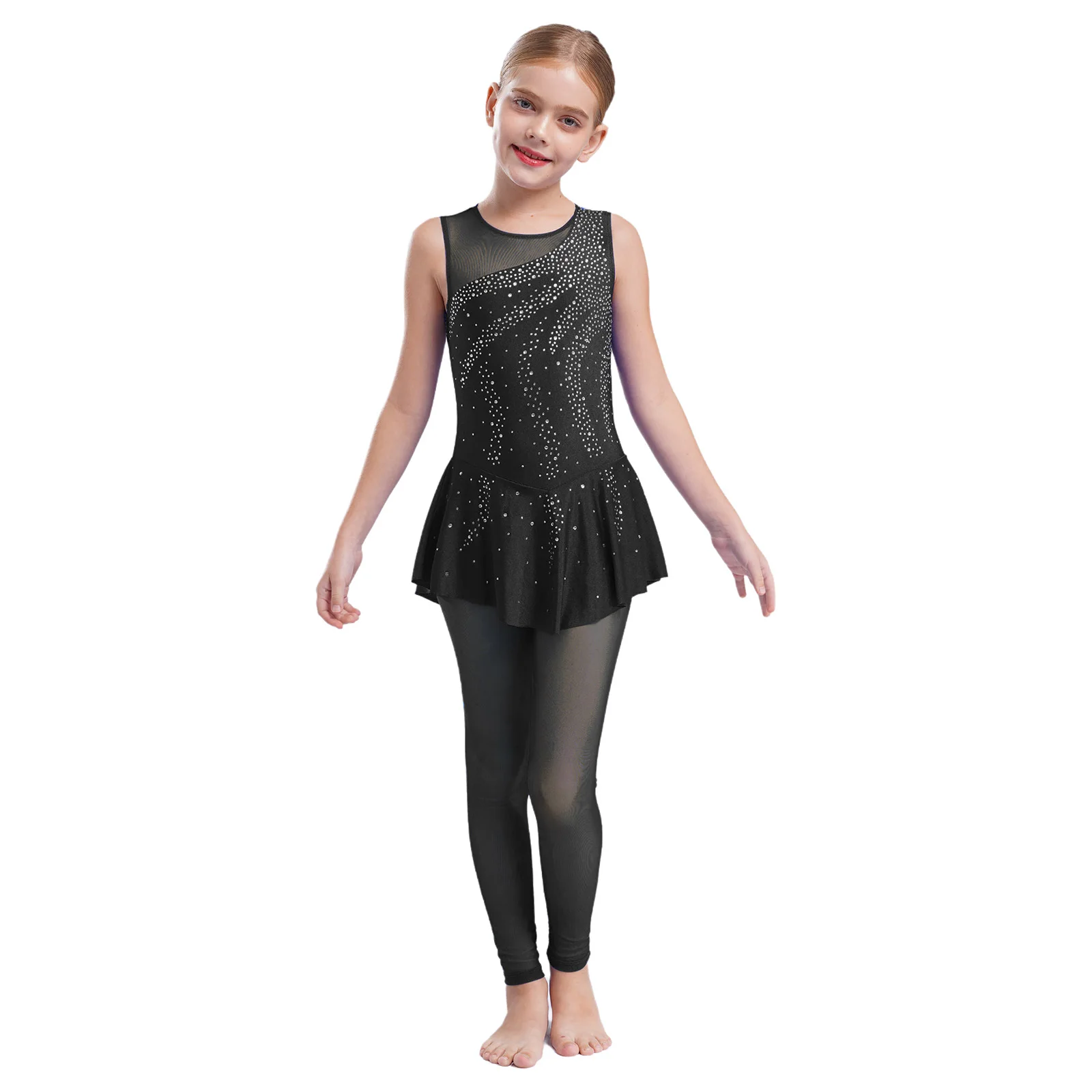 

New Kids Girls Shiny Rhinestones Jumpsuit Ballet Dance Gymnastics Leotard Sleeveless Sheer Mesh Splice Skirted Bodysuit Culotte