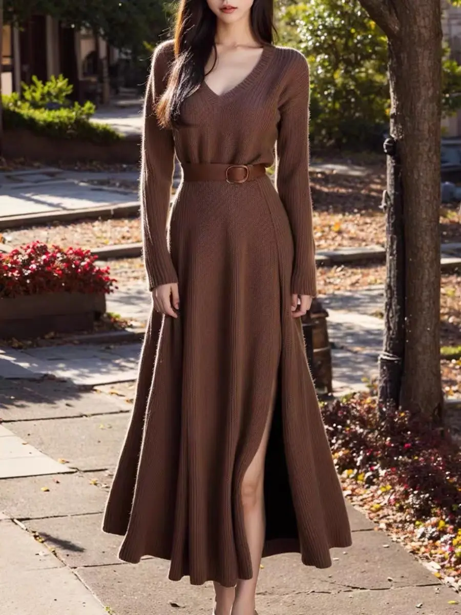 2024 Autumn New High-end Slim Fit Long Brown Sweater Dress for Women Autumn/Winter New Elegant V-neck Knitted Dress for Women