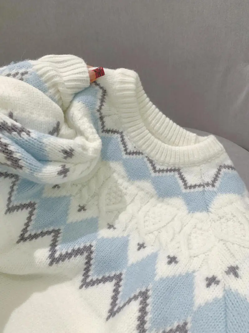 

Bohemian Printed Contrasting Knit Pullover Women O Neck Lantern Sleeves Loose Knitted Sweater Woman 2025 Autumn Casual Sweater