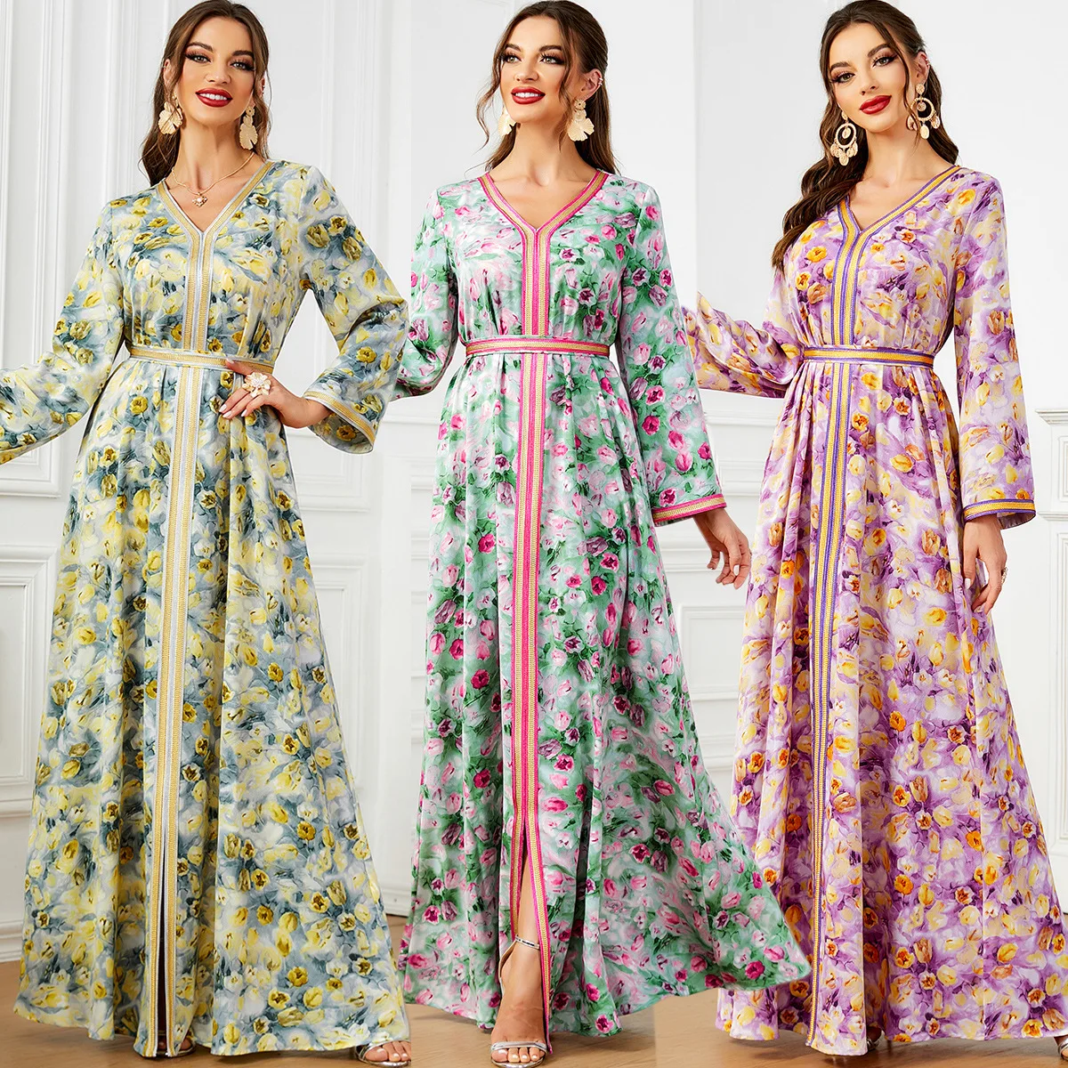 Arab Robe Women's Dress 2024 Summer New Casual Kaftan Maxi Long Printed Dress Caftan Marocain Femme Muslim's Dresses