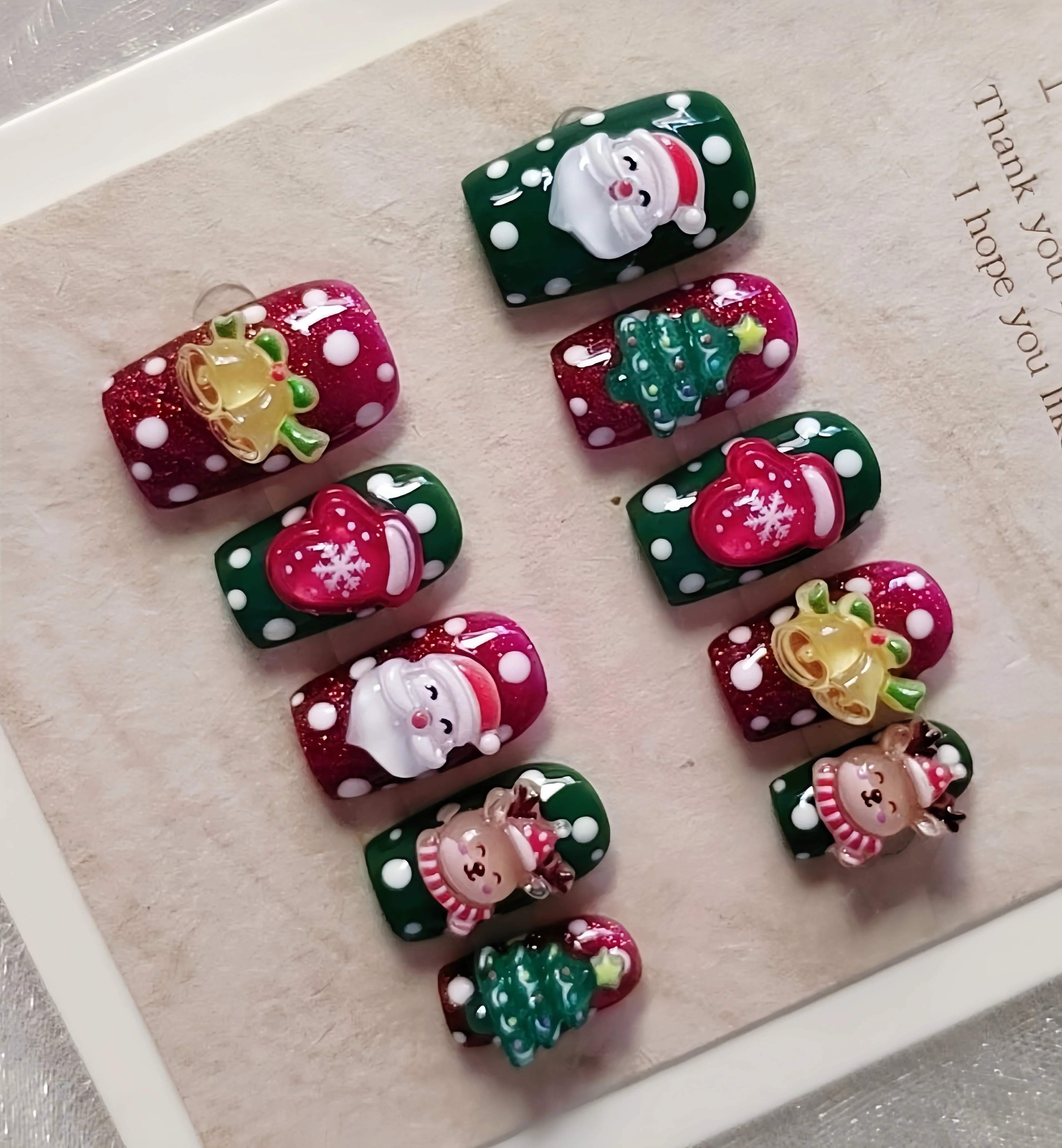 10 Uds. De ciervos con copos de nieve rojos, verdes y blancos, polvo de purpurina para uñas, sombrero de Navidad para invierno, dijes para uñas postizas, manicura artística