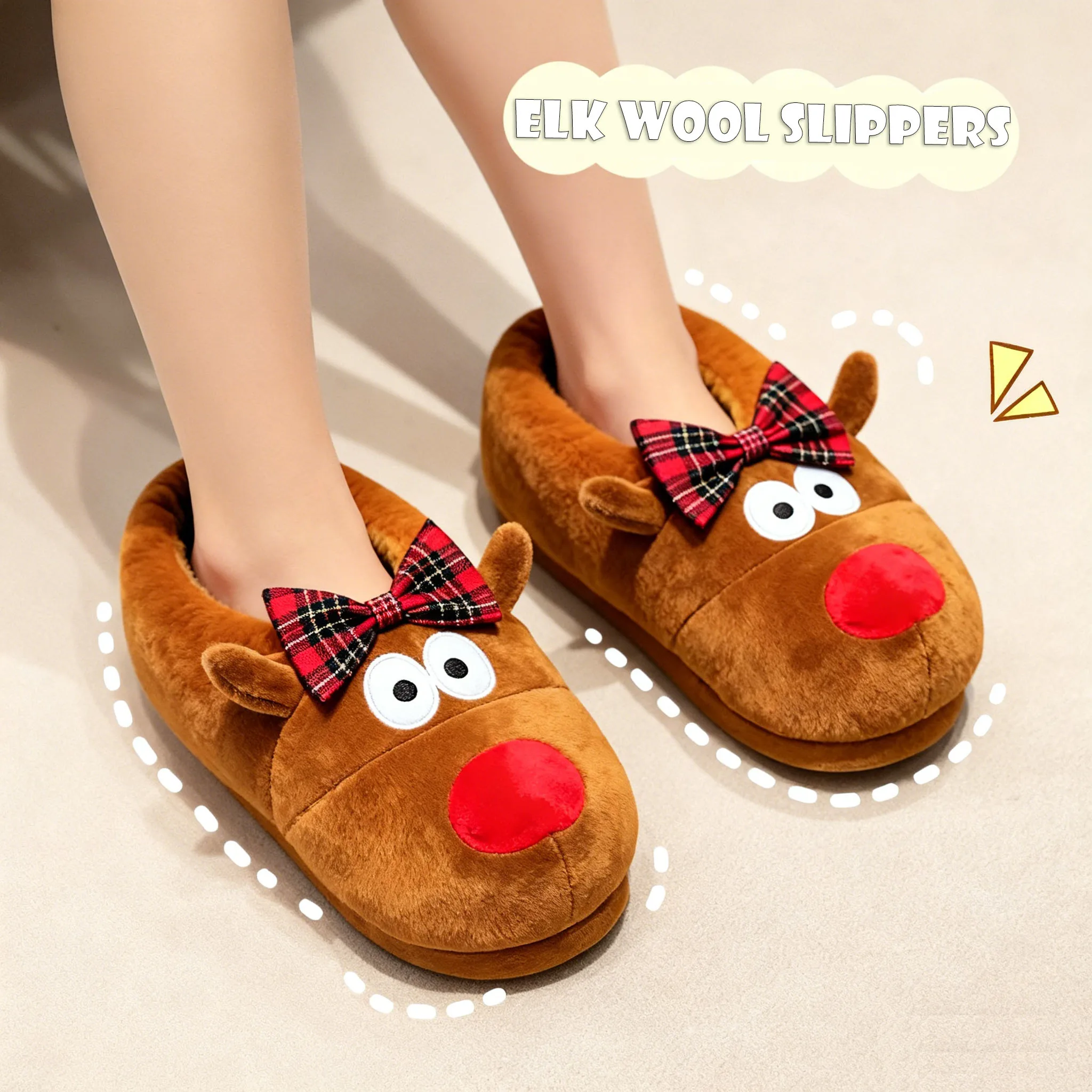 

Рождественские плюшевые тапочки с оленями, уютный домашний дизайн с животными, нескользящая домашняя обувь на мягкой подошве, комфортная одежда для дома, идея праздничного подарка