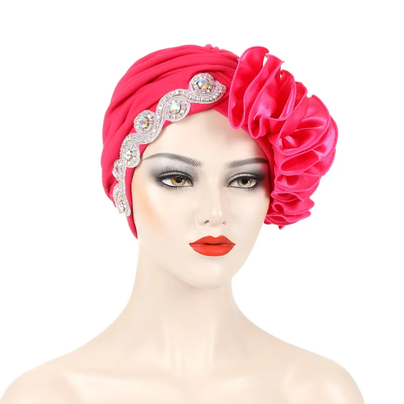 

2024 New Diamonds Turban Chemo Cap for Women Ruffled African Head Wraps Nigeria Wedding Party Female Headscarf Bonnet Hat Mujer